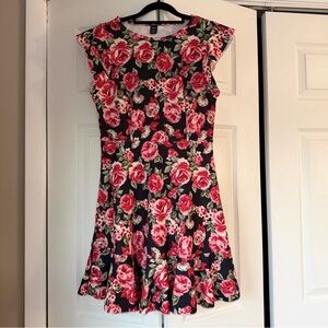 SHEIN Black Mini Dress with Pink Rose Print